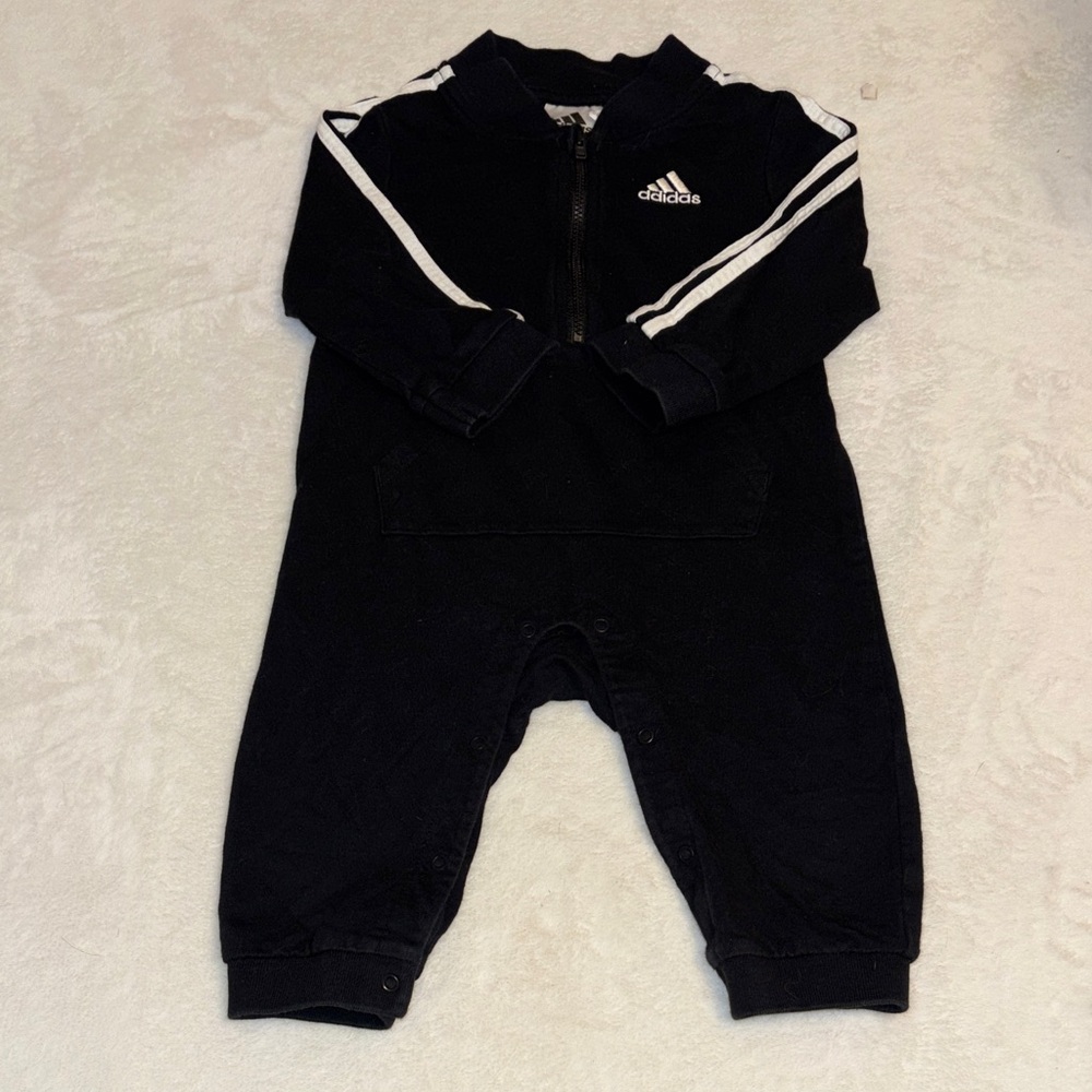 adidas Black Baby Zipper One-Piece with White Stripes